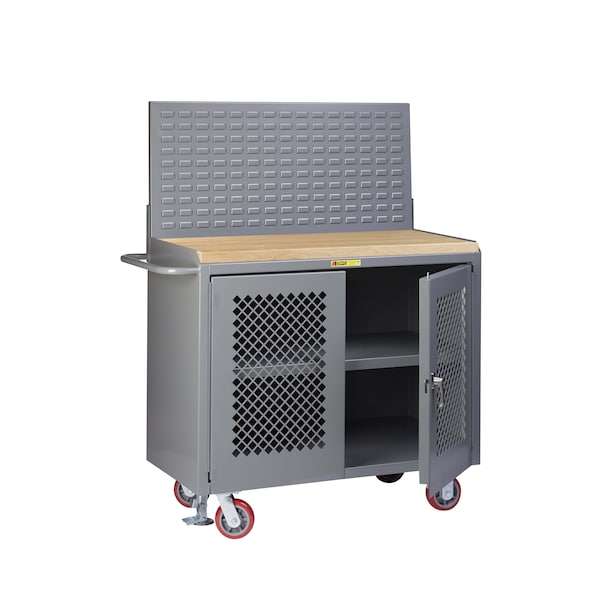 Mobile Bench, 36"W, 2 Perf Doors, Center Shelf, Louvered, Butcher Block